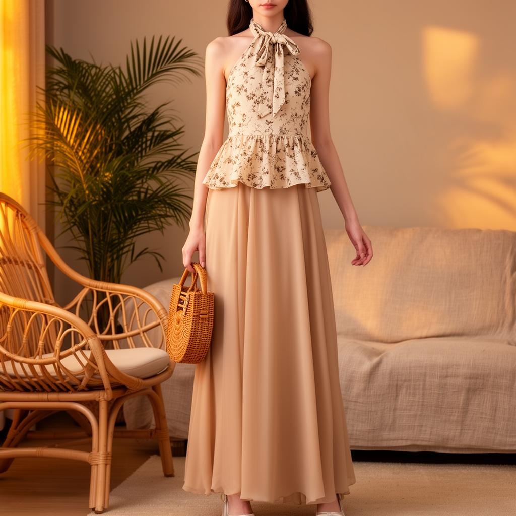 Set peplum hoa nhí + chân váy be