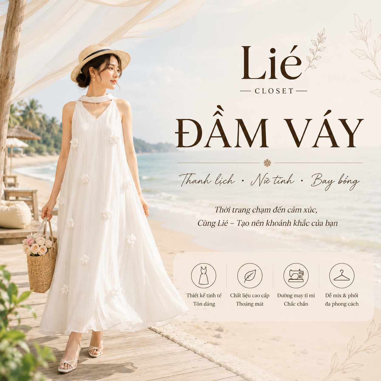 Đầm maxi hoa 3D trắng