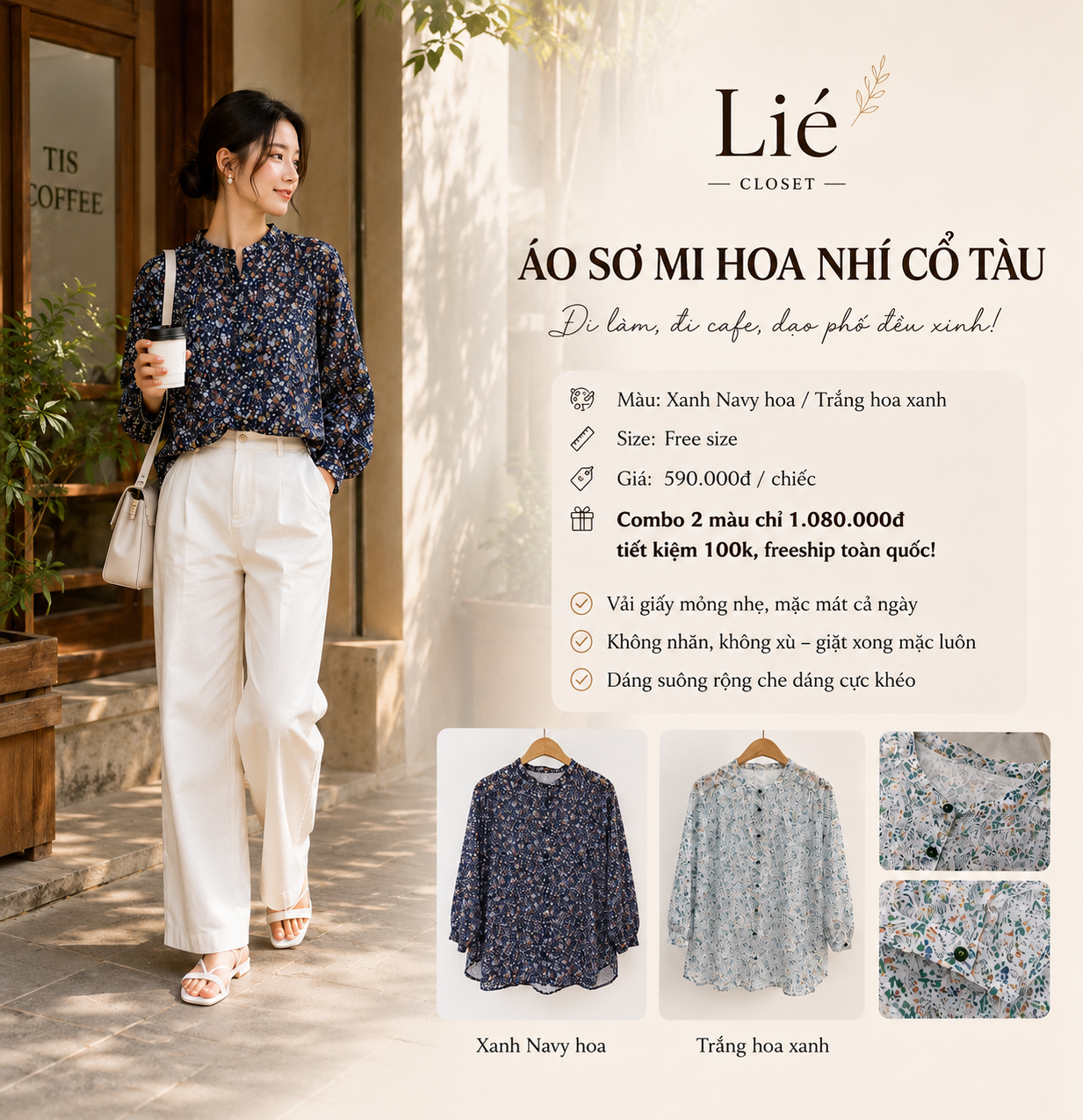 Áo sơ mi hoa nhí cổ tàu
